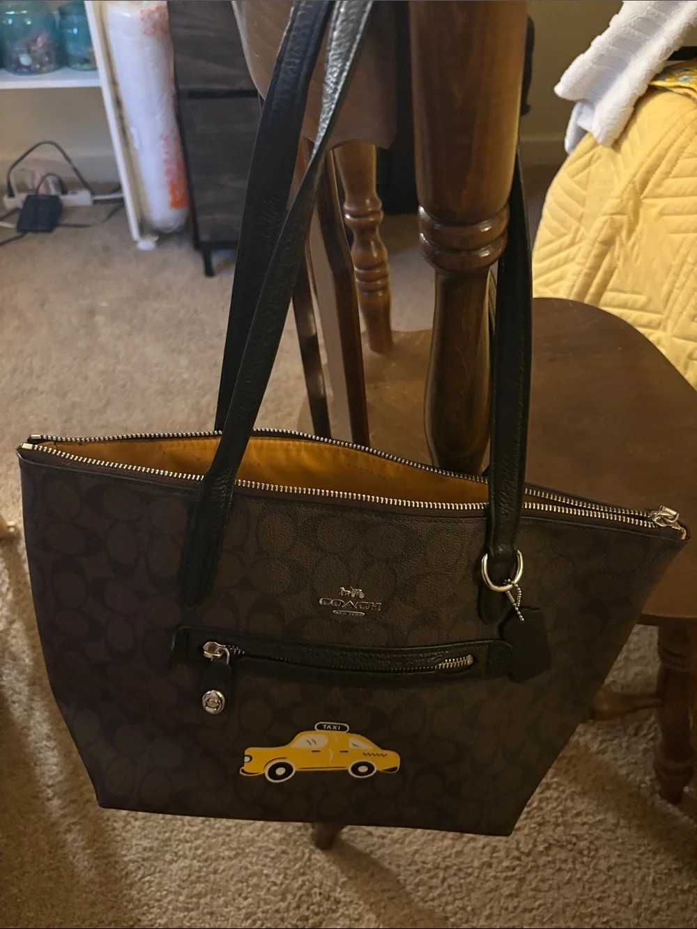 Coach Brown Signature Tote with Black Straps and Yellow Taxi Patch